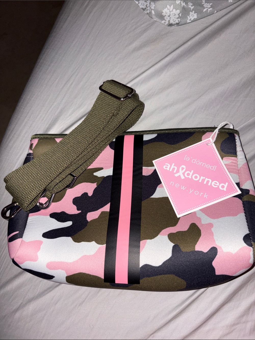 ahdorned New York Pink Camo Crossbody Bag with Olive Strap